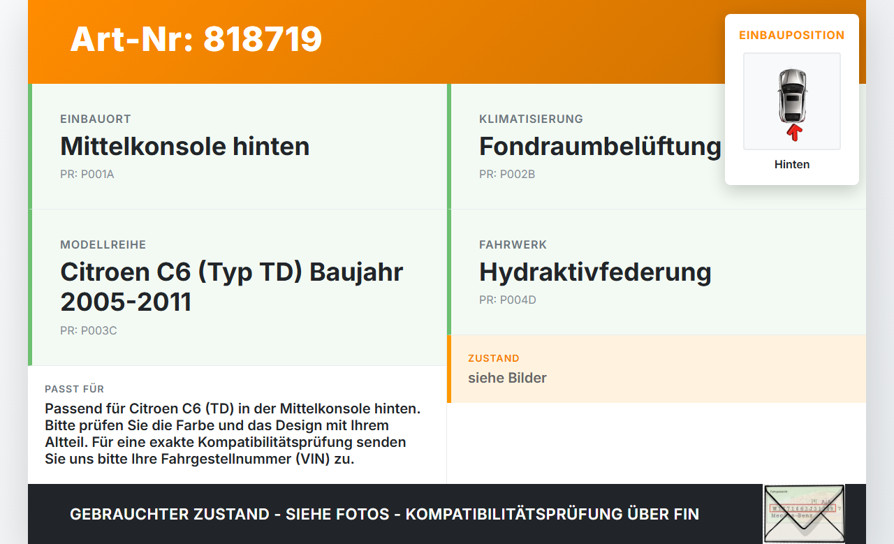 Citroen C6 TD 05-11 Luftdusche Luftdüse Mitte Hinten Citroen C6 TD 05-11 05.01.2007 gebraucht Vorschau 3