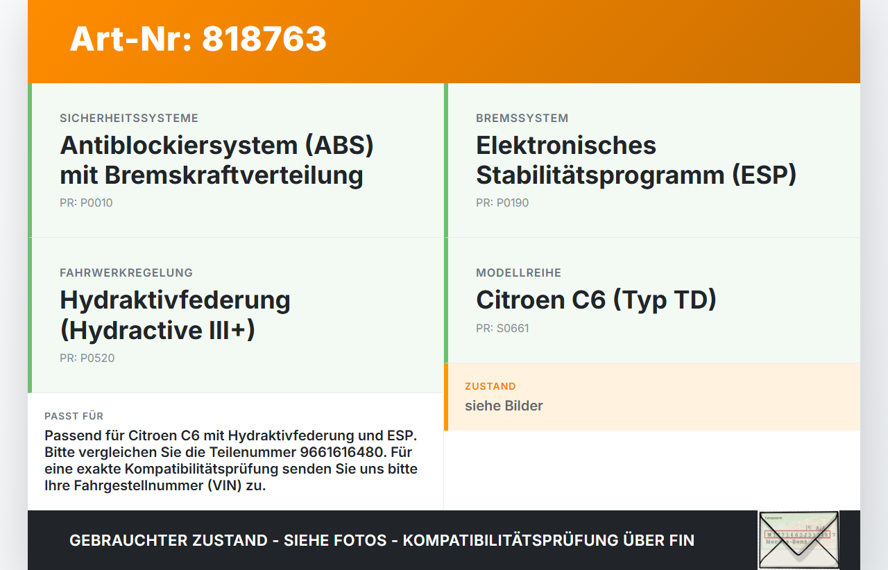 Citroen C6 TD 05-11 Steuergerät ESP Stability Control SG Citroen C6 TD 05-11 05.01.2007 9661616480 A2C53081139 gebraucht Vorschau 3