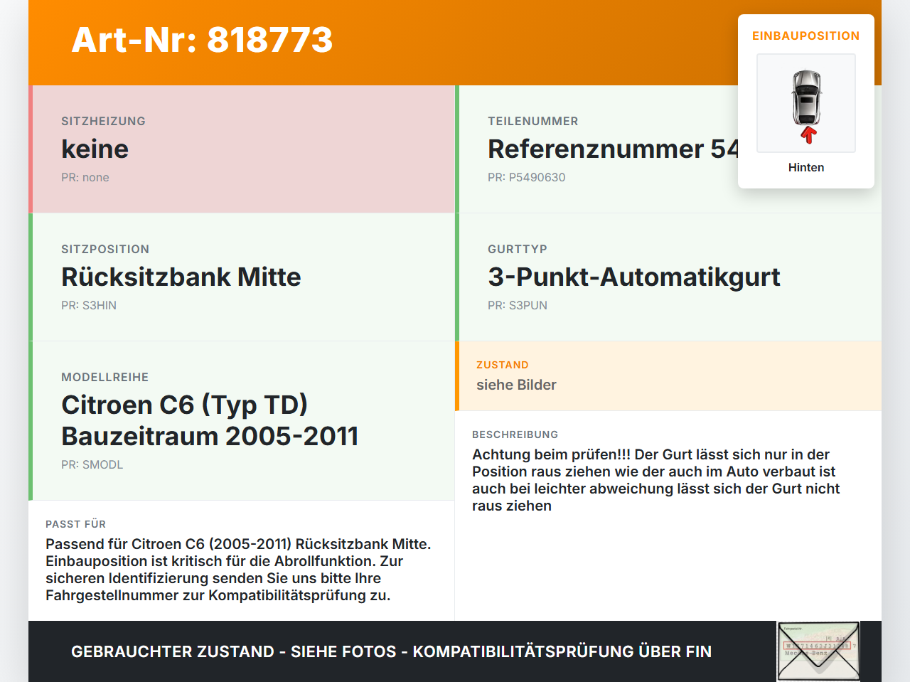 Citroen C6 TD 05-11 Gurt Sicherheitsgurt Mitte Hinten Citroen C6 TD 05-11 05.01.2007 5490630 gebraucht Vorschau 3