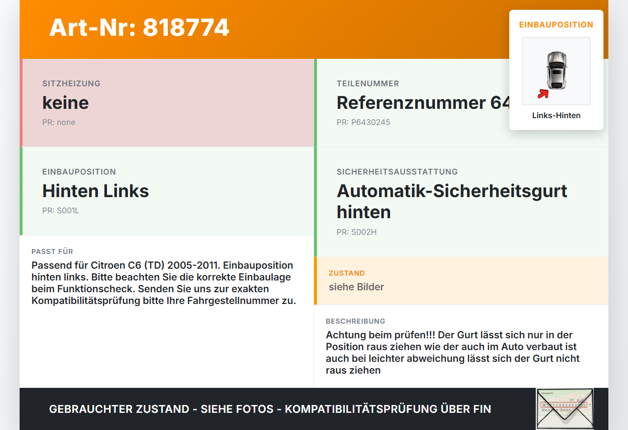 Citroen C6 TD 05-11 Gurt Sicherheitsgurt Links Hinten Citroen C6 TD 05-11 05.01.2007 6430245 gebraucht Vorschau 3