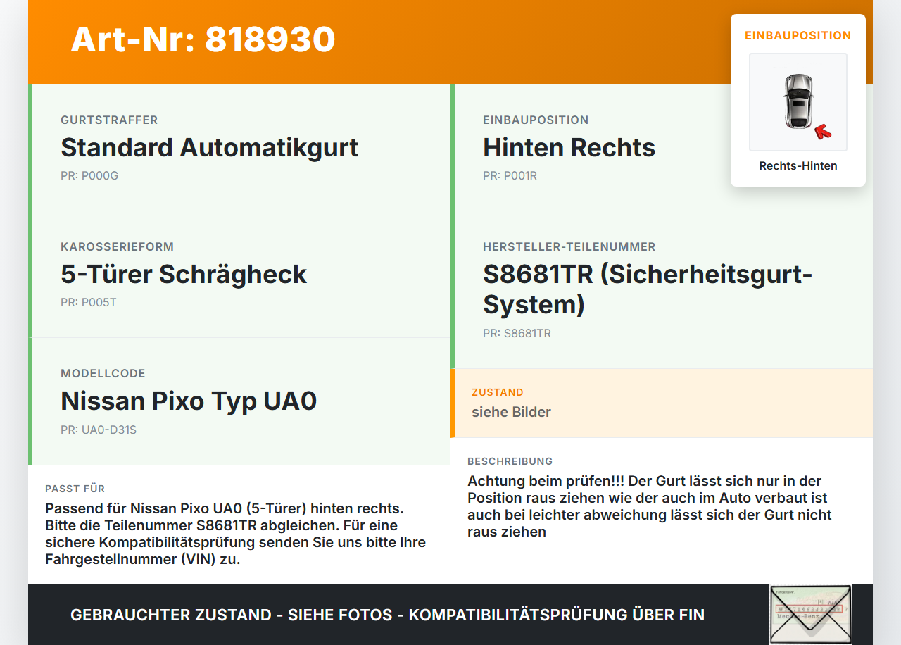 Nissan Pixo UA0 D31S 5T Gurt Sicherheitsgurt Rechts Hinten Nissan Pixo UA0 D31S 04.09.2009 84960-68K1R gebraucht Vorschau 3