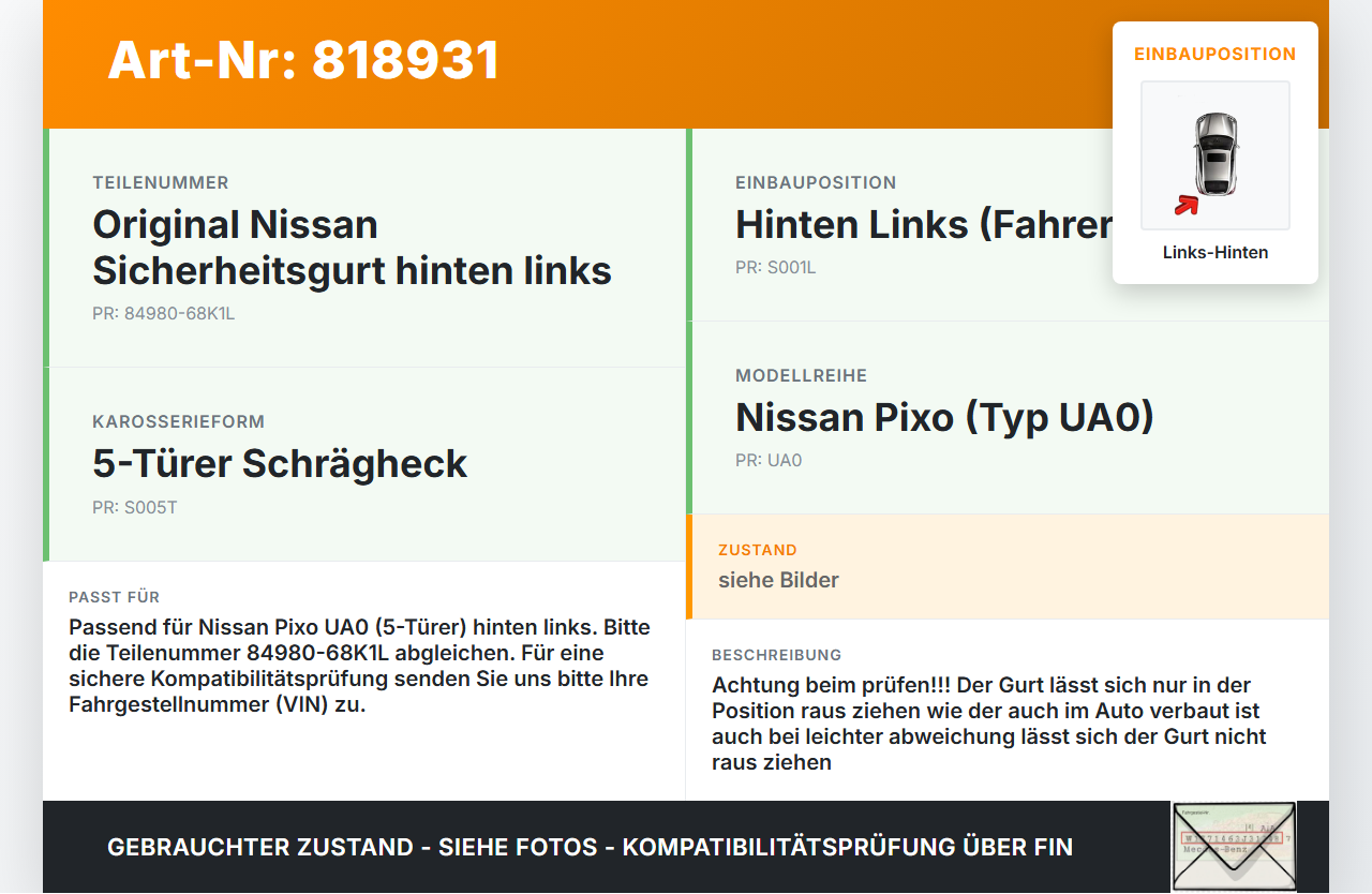 Nissan Pixo UA0 D31S 5T Gurt Sicherheitsgurt Links Hinten Nissan Pixo UA0 D31S 04.09.2009 84980-68K1L gebraucht Vorschau 3