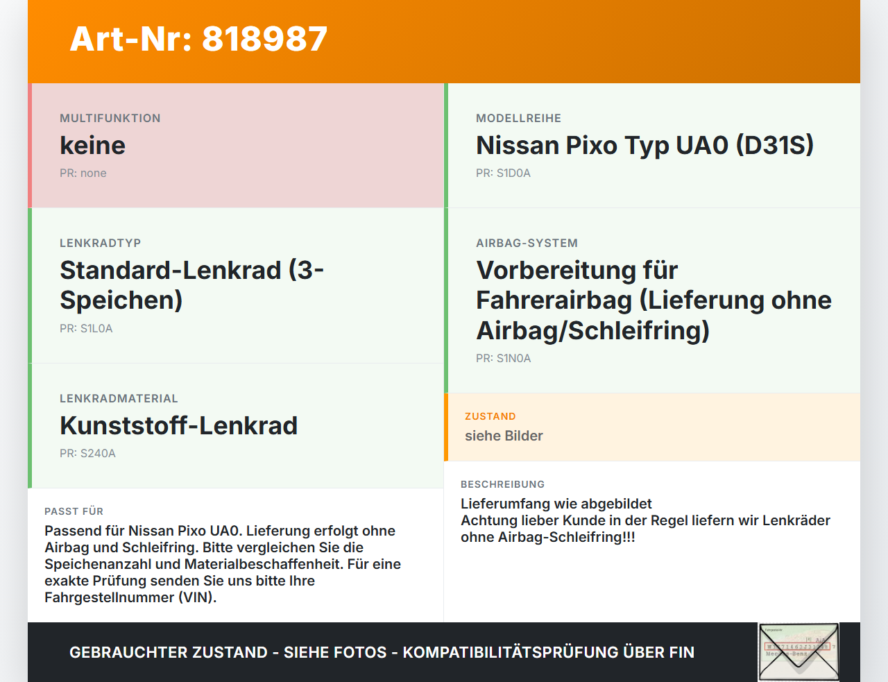 Nissan Pixo UA0 D31S Lenkrad ohne Airbag Nissan Pixo UA0 D31S 04.09.2009 gebraucht Vorschau 3