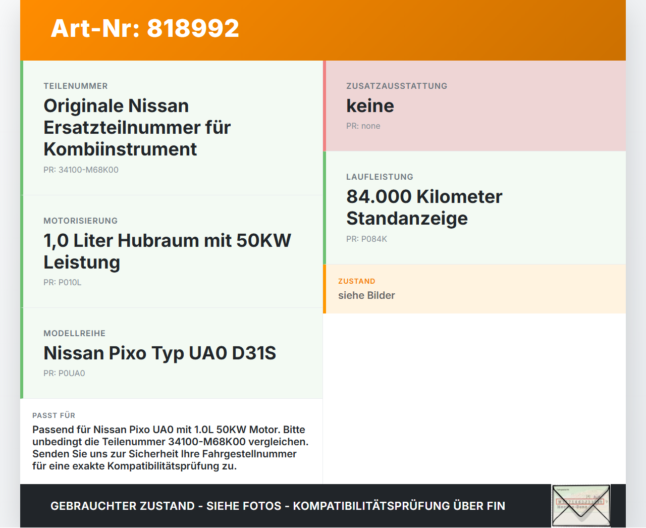 Nissan Pixo UA0 D31S 1,0 50KW Kombiinstrument Tacho Nissan Pixo UA0 D31S 04.09.2009 34100-M68K00 gebraucht Vorschau 3