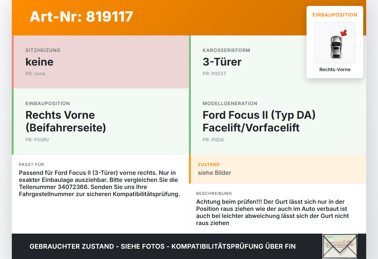 Ford Focus II DA 07-10 3T Gurt Sicherheitsgurt Rechts Vorne Ford Focus II DA 07-10 05.10.2009 4M51-B61294-DA... Vorschau 3