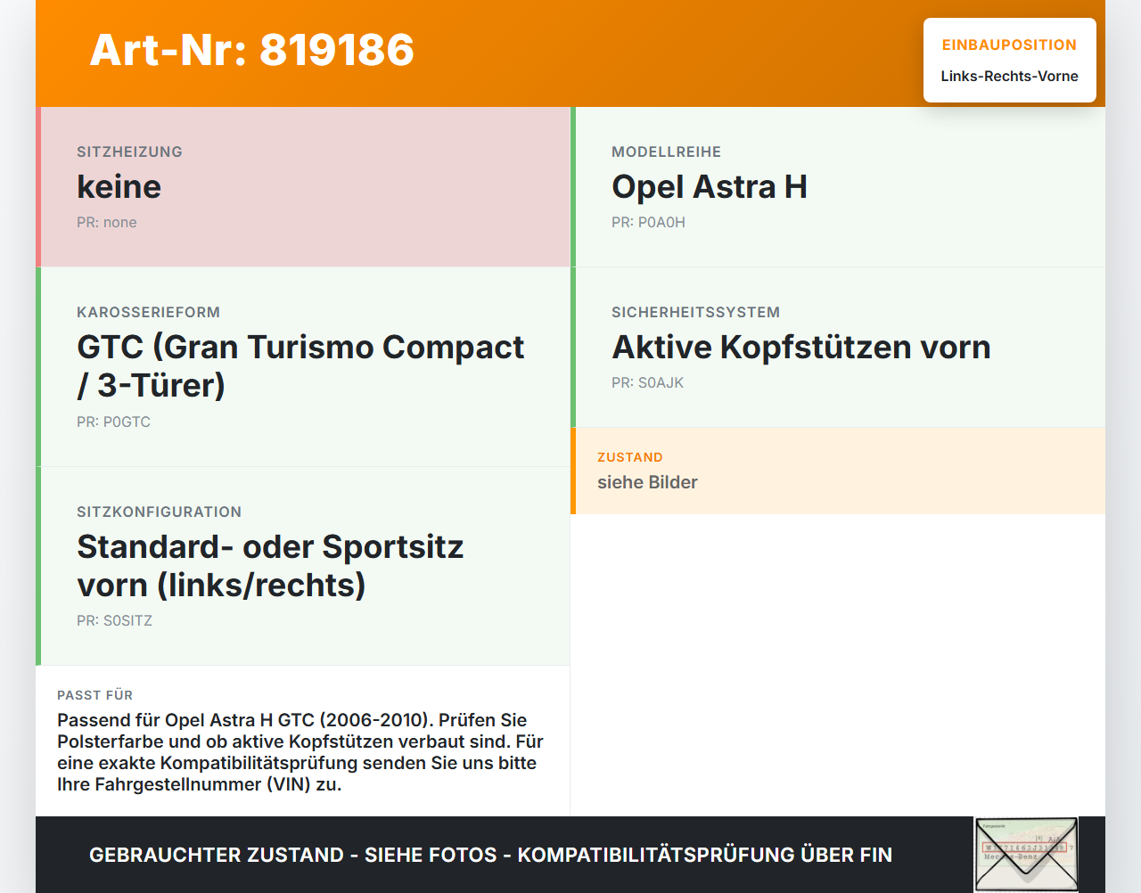 Opel Astra H GTC 06-10 Kopfstütze für Fahrer Sitz Rechts oder Links Vorne Opel Astra H GTC 06-10 30.01.2009 gebraucht Vorschau 3
