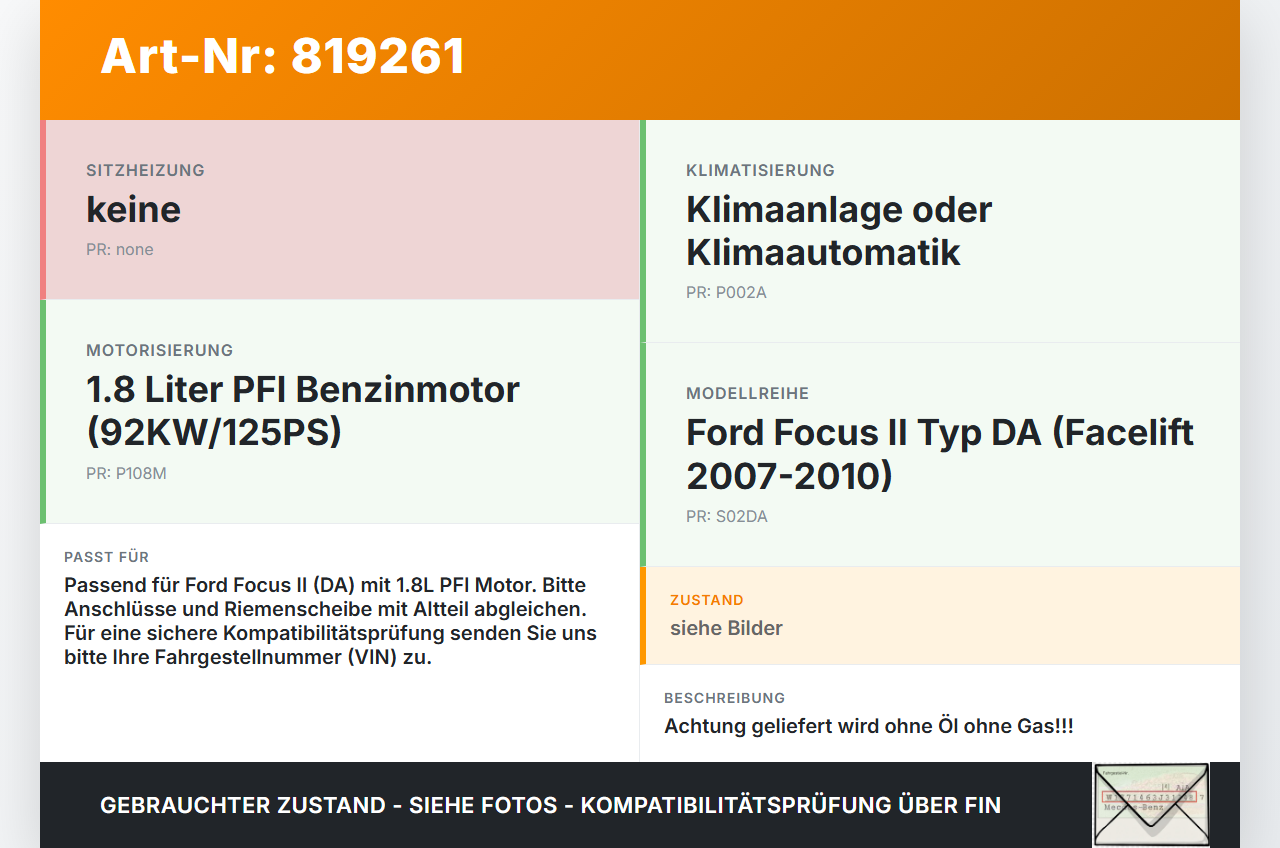 Ford Focus II DA 07-10 PFI 1,8 92KW Klimakompressor Klima Kompressor Ford Focus II DA 07-10 05.10.2009... Vorschau 3