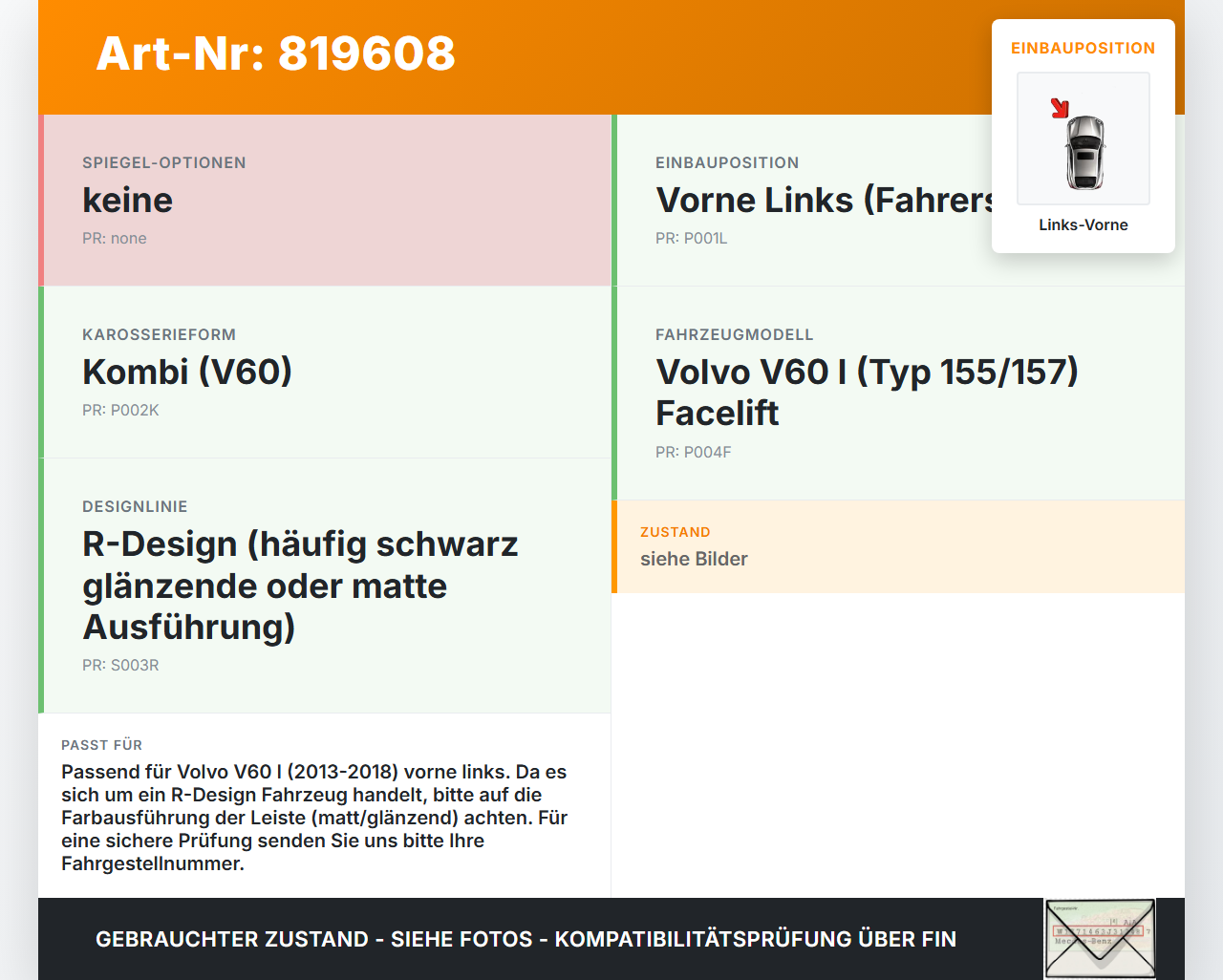 Volvo V60 I D3 13-18 Leiste Scheibendichtung für Tür Links Vorne Volvo V60 I D3 13-18 17.10.2014 gebraucht Vorschau 3