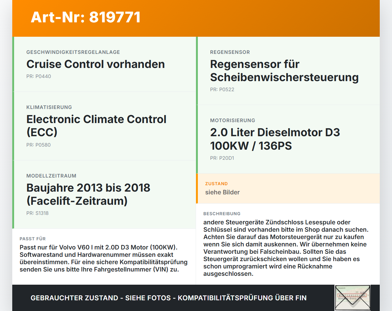 Volvo V60 I D3 13-18 2,0D 100KW Steuergerät ECU für Motor Motorsteuergerät Volvo V60 I D3 13-18 17.10.2014 31336983... Vorschau 3