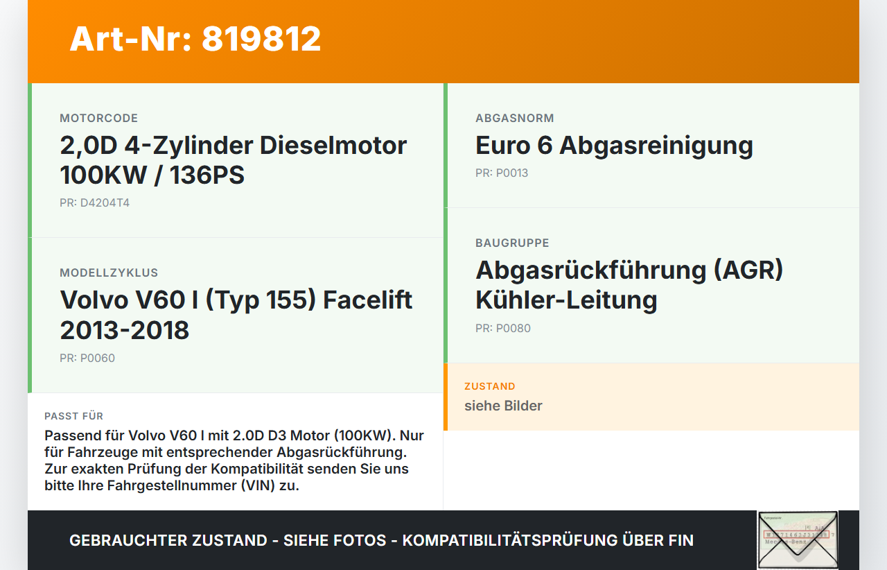 Volvo V60 I D3 13-18 2,0D 100KW Abgasleitung AGR Rohr Leitung Flexrohr Volvo V60 I D3 13-18 17.10.2014 gebraucht Vorschau 3