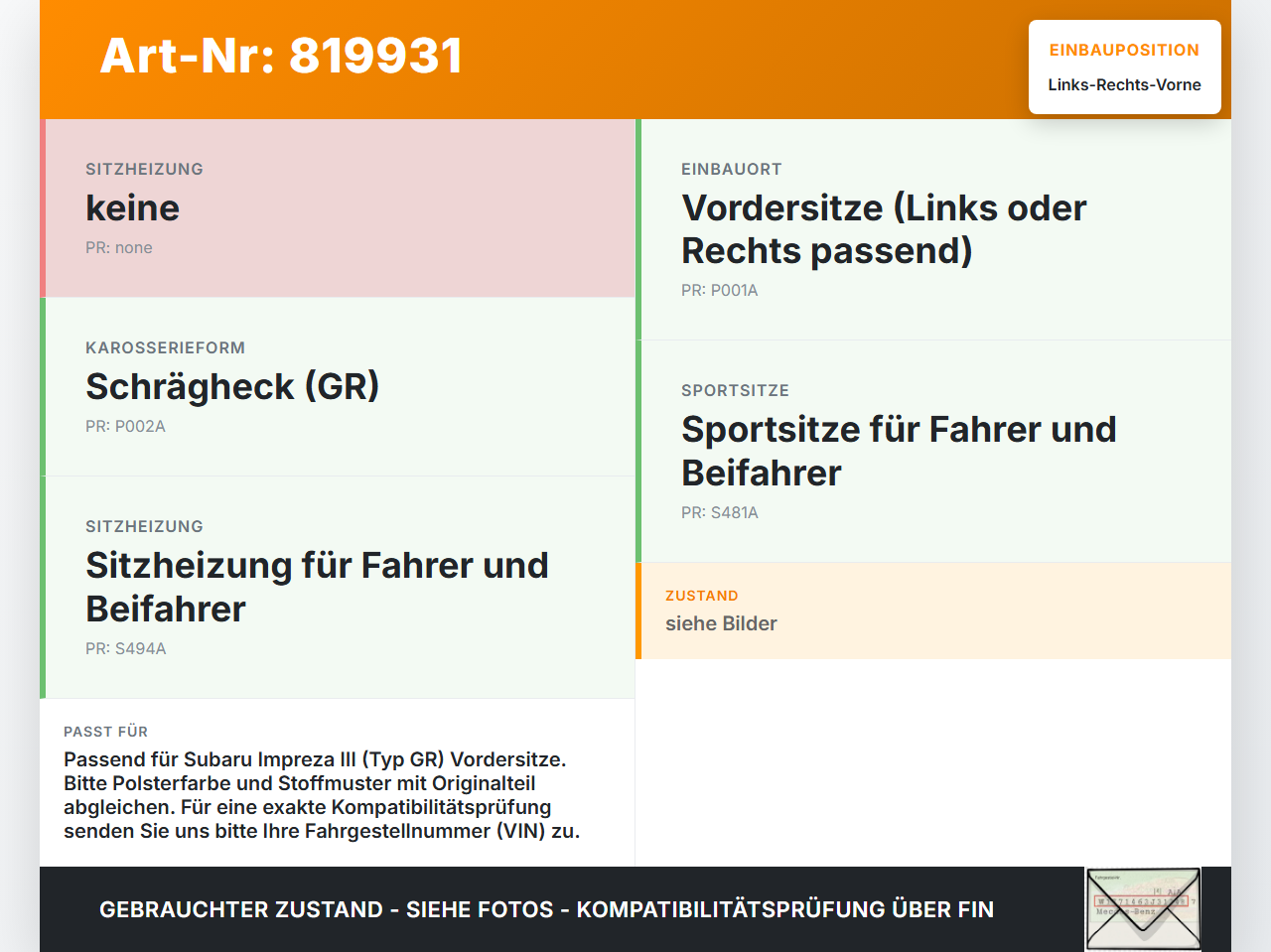 Subaru Impreza III GR 08-12 Kopfstütze für Fahrer Sitz Rechts oder Links Vorne Subaru Impreza III GR 08-12... Vorschau 3