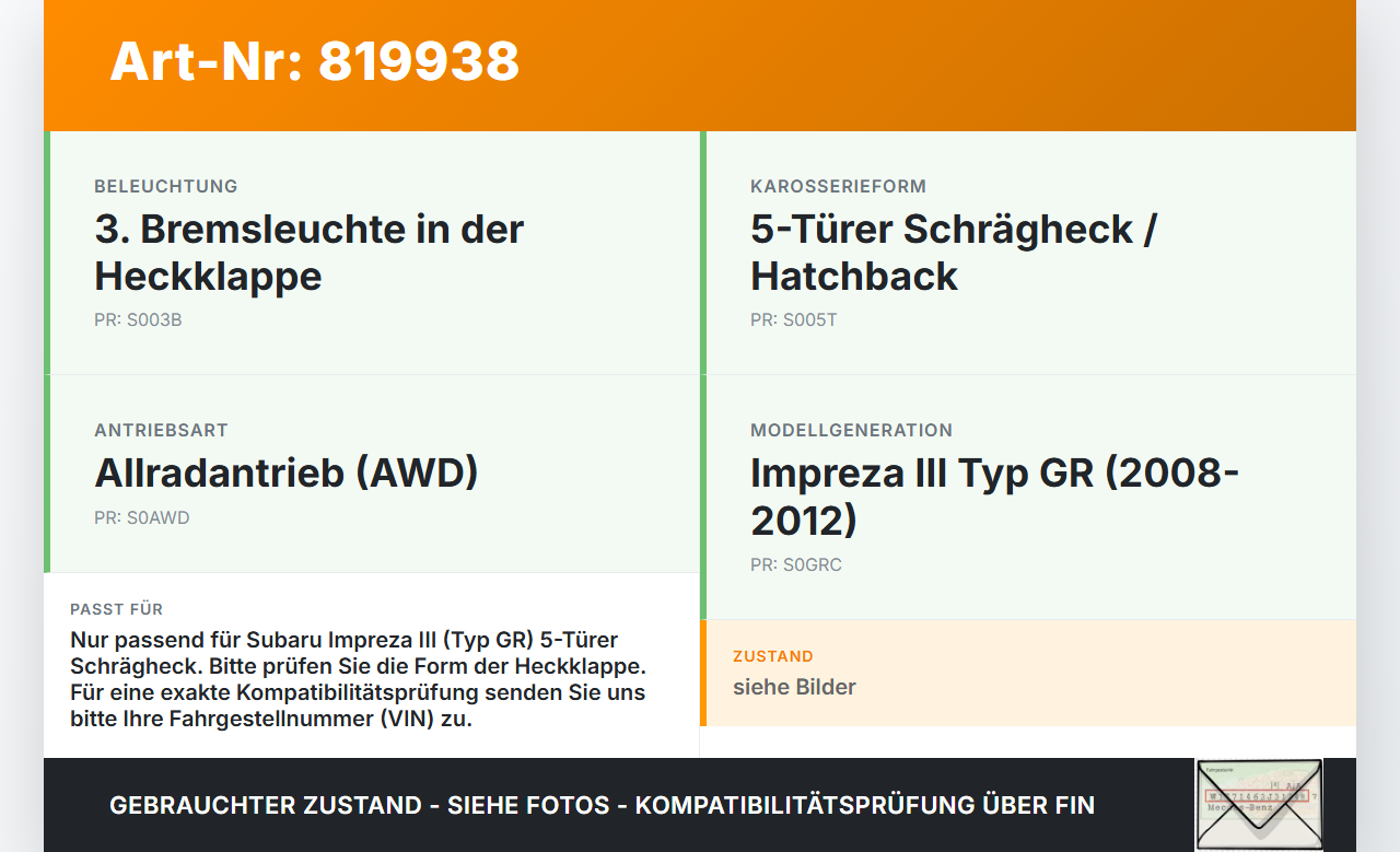 Subaru Impreza III GR 08-12 5T Bremslicht 3te Bremsleuchte für Klappe Subaru Impreza III GR 08-12 18.06.2010 gebraucht Vorschau 3