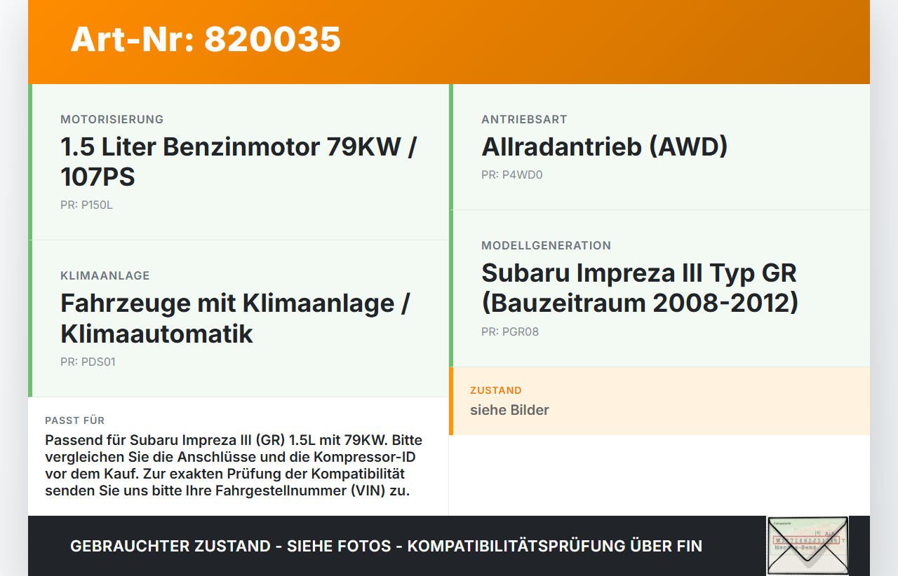 Subaru Impreza III GR 08-12 1,5 79KW Klimakompressor Klima Kompressor Subaru Impreza III GR 08-12 18.06.2010... Vorschau 3
