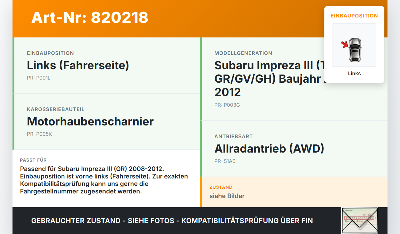 Subaru Impreza III GR 08-12 5T Scharnier für Motorhaube Motorhaubenscharnier Links Subaru Impreza III GR 08-12... Vorschau 3