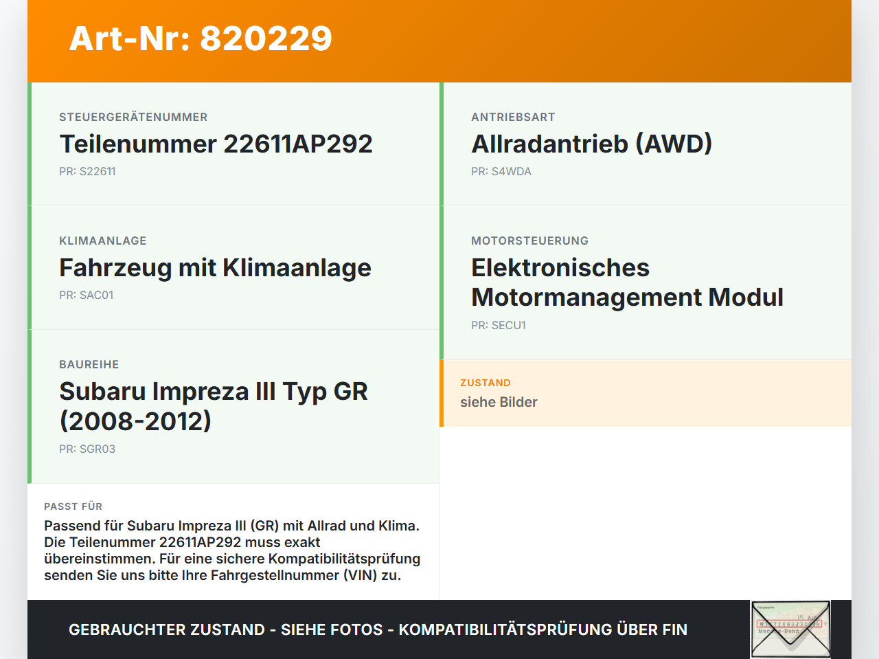 Subaru Impreza III GR 08-12 Steuergerät ECU Modul Subaru Impreza III GR 08-12 18.06.2010 22611AP292 gebraucht Vorschau 3