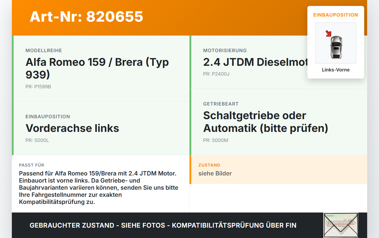 Alfa Romeo Brera 159 06-11 JTDM 2,4 147KW Antriebswelle Gelenkwelle Links Vorne Alfa Romeo Brera 159 06-11... Vorschau 3