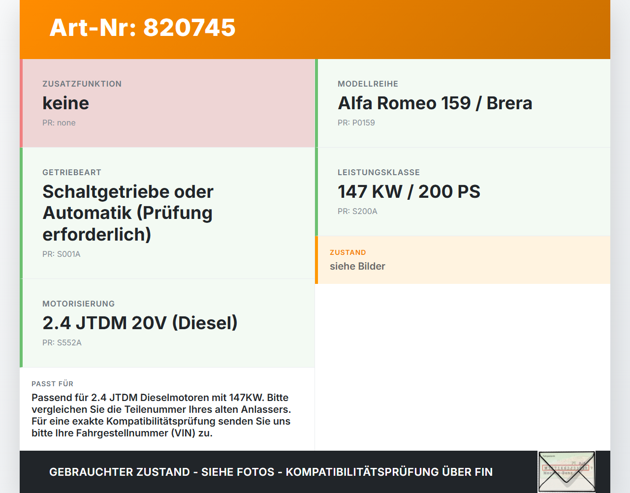 Alfa Romeo Brera 159 06-11 JTDM 2,4 147KW Anlasser Starter Alfa Romeo Brera 159 06-11 01.05.2006 gebraucht Vorschau 3