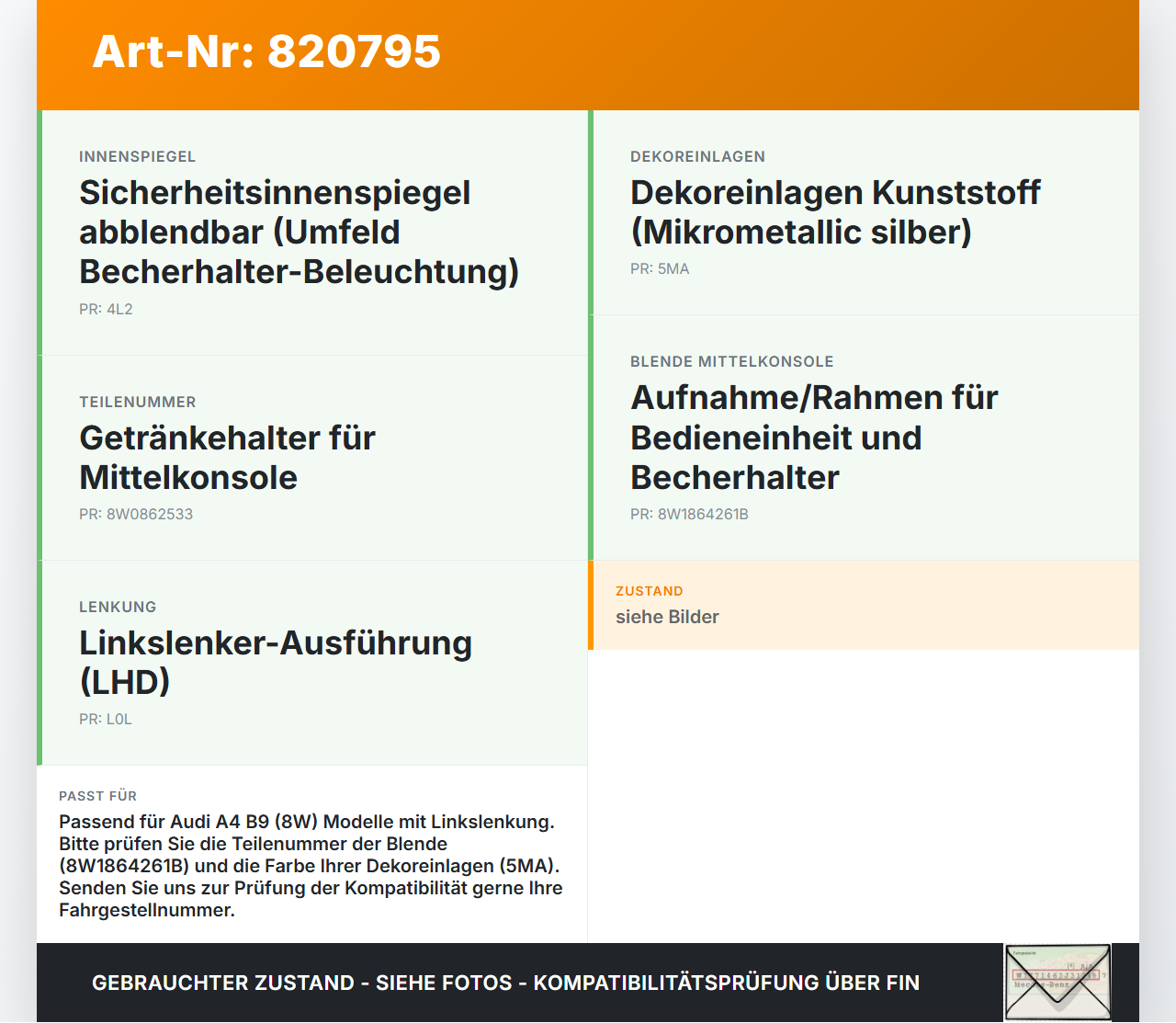 Audi A4 8W B9 15-19 Kombi Becherhalter Getränkehalter Audi A4 8W B9 15-19 30.06.2017 8W0862533 gebraucht Vorschau 3