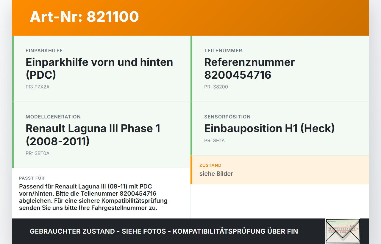 Renault Laguna III 3 08-11 Abstands Sensor Parksensor PDC H1 Renault Laguna III 3 08-11 31.10.2007 8200454716... Vorschau 3