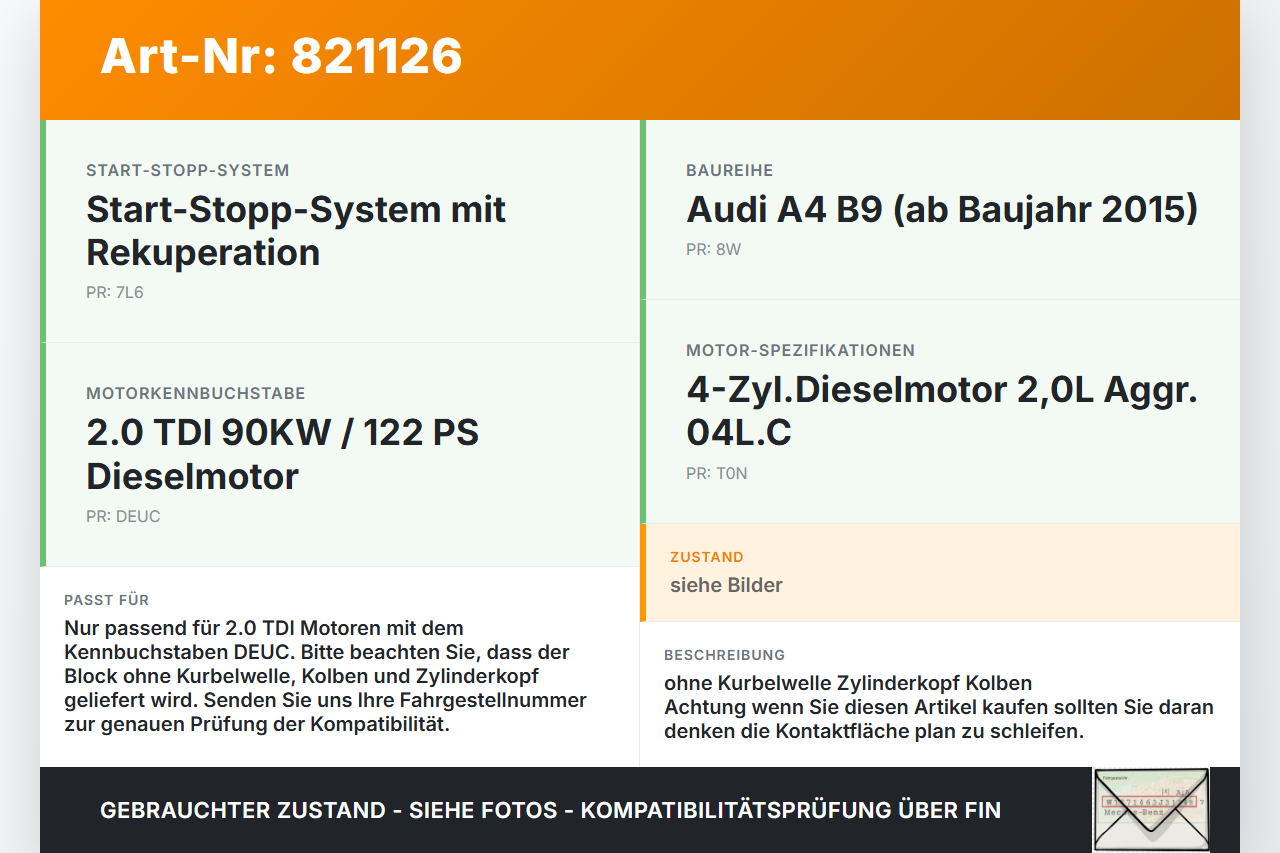 Audi A4 8W B9 15-19 TDI 2,0 90KW DEUC Motorblock für Motor Audi A4 8W B9 15-19 30.06.2017 gebraucht Vorschau 3