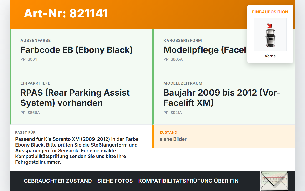 Kia Sorento XM 09-12 Lufteinlassgitter für Stoßstange Stoßfänger Vorne EB Kia Sorento XM 09-12 28.12.2009 gebraucht Vorschau 3