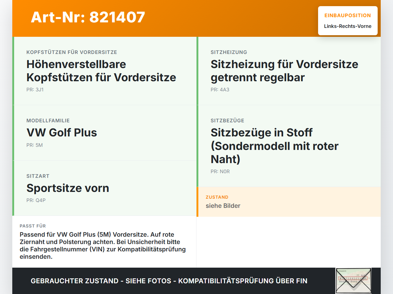 VW Golf 5M Plus 04-08 Kopfstütze für Fahrer Sitz Rechts oder Links Vorne rote Naht VW Golf 5M Plus 04-08 25.04.2006... Vorschau 3