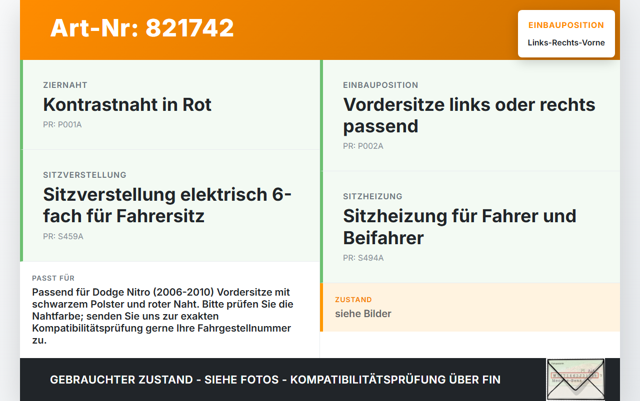 Dodge Nitro 06-10 Kopfstütze für Fahrer Sitz Rechts oder Links Vorne rote Naht Dodge Nitro 06-10 20.08.2008 gebraucht Vorschau 3