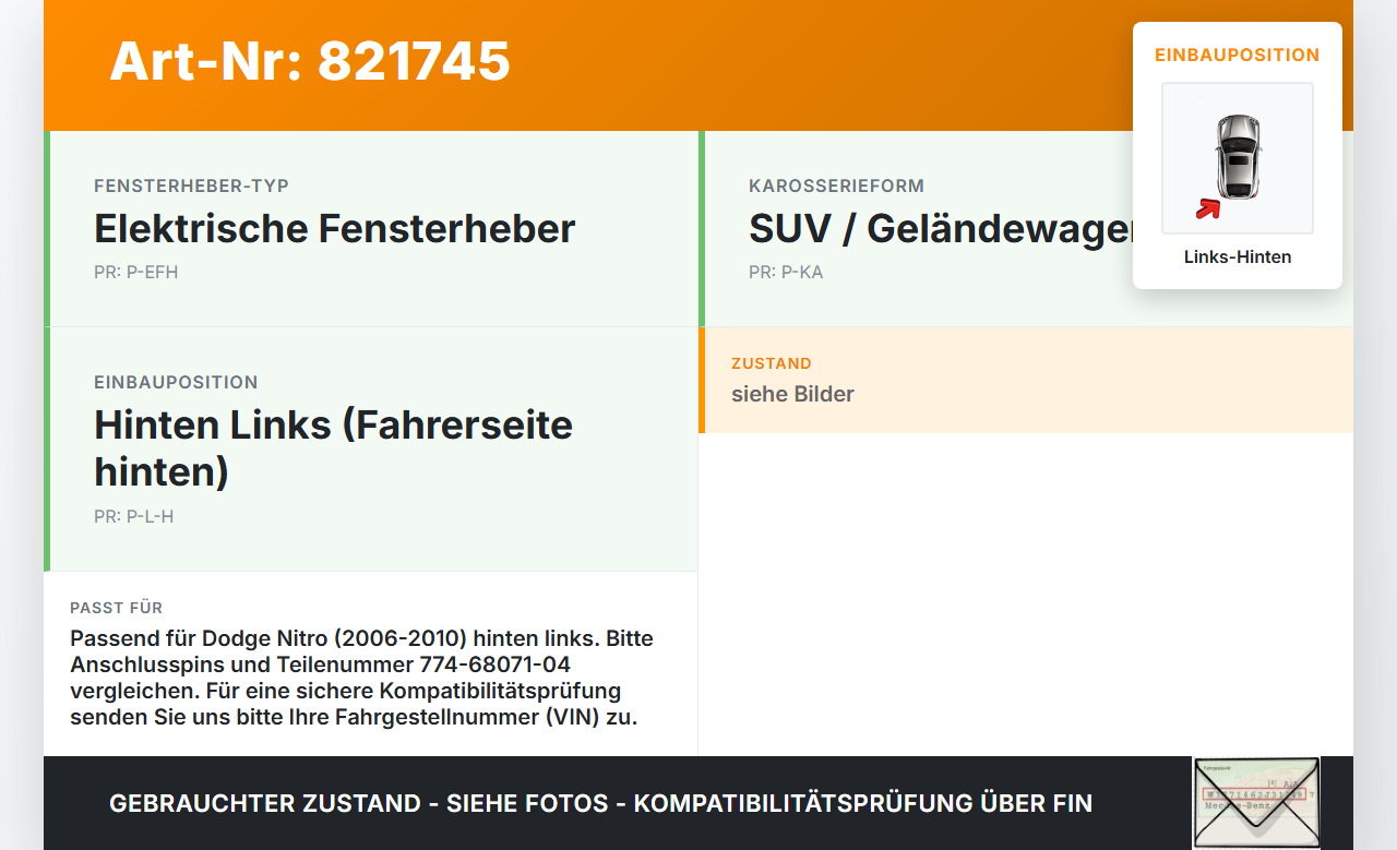 Dodge Nitro 06-10 Fensterhebermotor Links Hinten Dodge Nitro 06-10 20.08.2008 774-68071-04 1002852-A001 gebraucht Vorschau 3