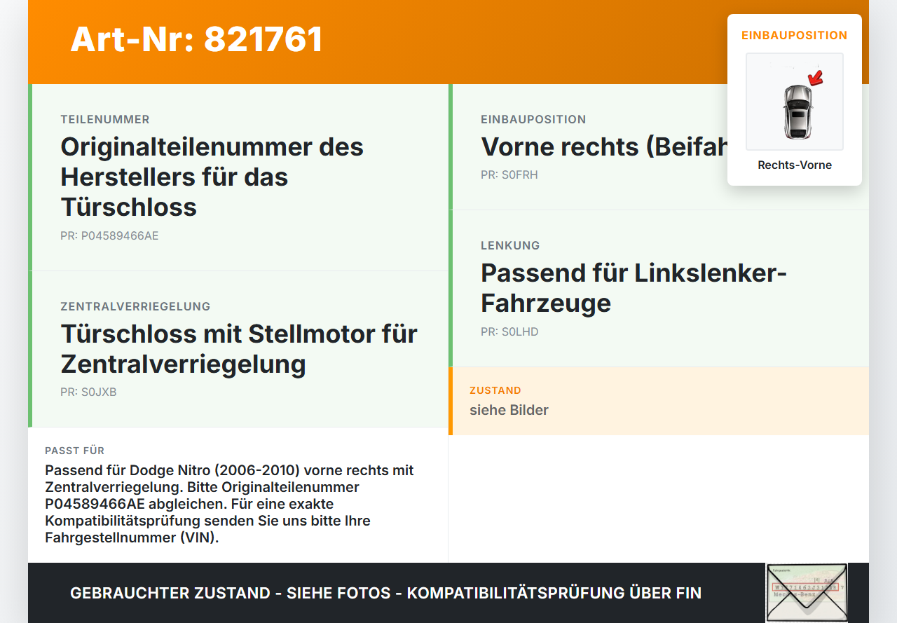 Dodge Nitro 06-10 Türschloss m. ZV Stellmotor Rechts Vorne Dodge Nitro 06-10 20.08.2008 P04589466AE gebraucht Vorschau 3