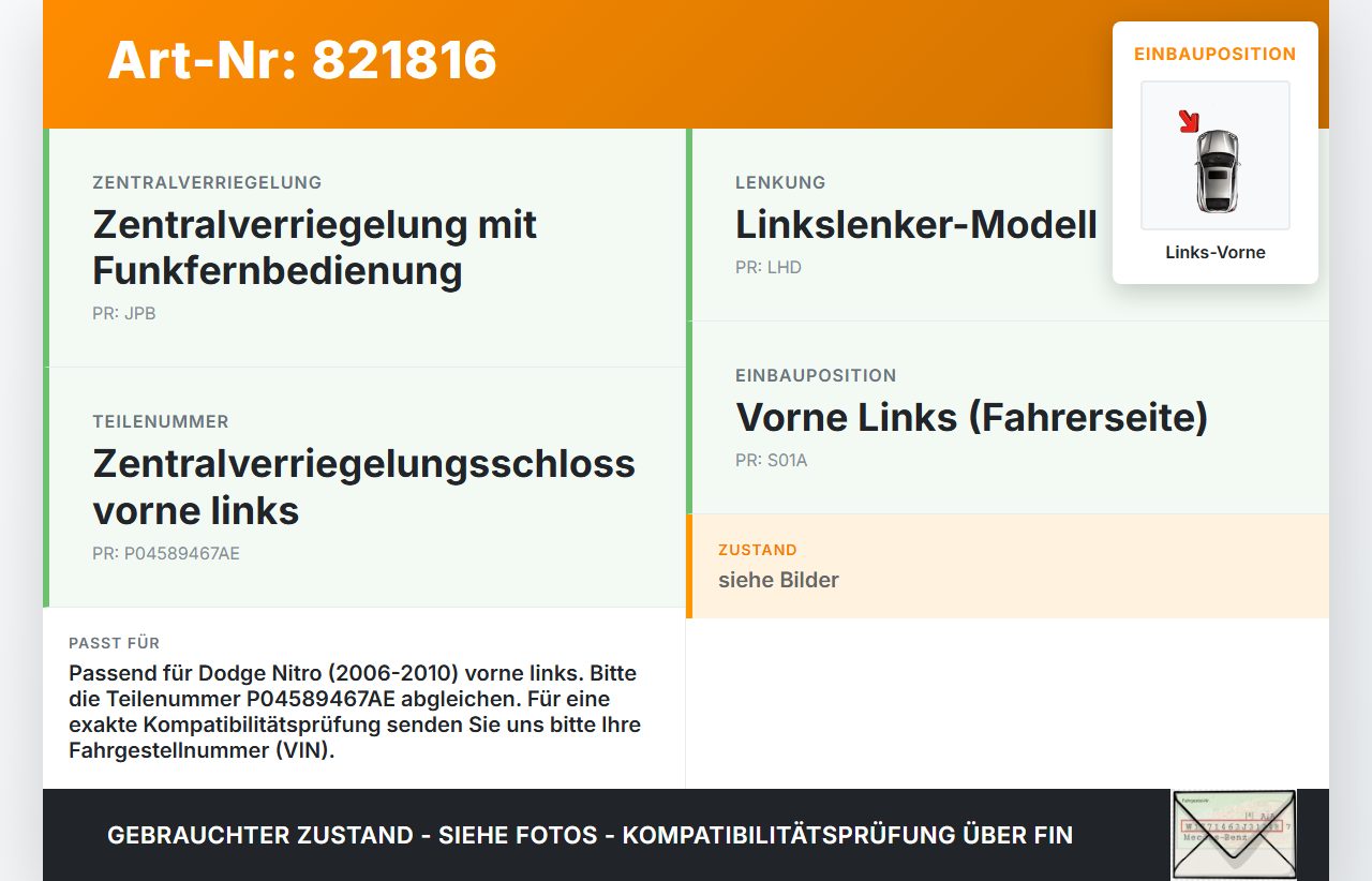 Dodge Nitro 06-10 Türschloss mit ZV Stellmotor Links Vorne Dodge Nitro 06-10 20.08.2008 P04589467AE gebraucht Vorschau 3