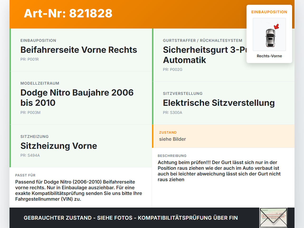 Dodge Nitro 06-10 Gurt Sicherheitsgurt Gurtstraffer für Beifahrer Rechts Vorne Dodge Nitro 06-10 20.08.2008 gebraucht Vorschau 3