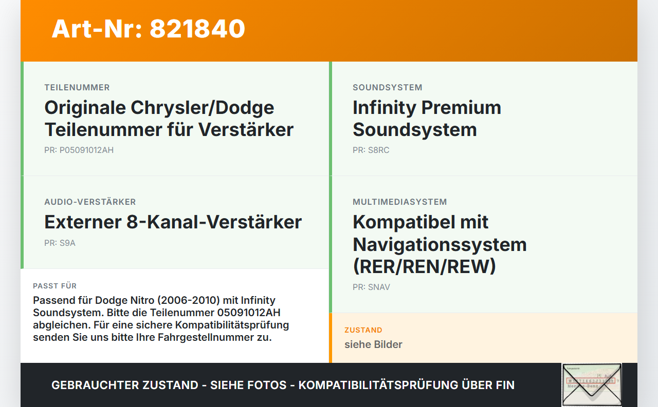 Dodge Nitro 06-10 Verstärker Endstufe für Soundsystem Orig. Infinity Dodge Nitro 06-10 20.08.2008 05091012AH gebraucht Vorschau 3
