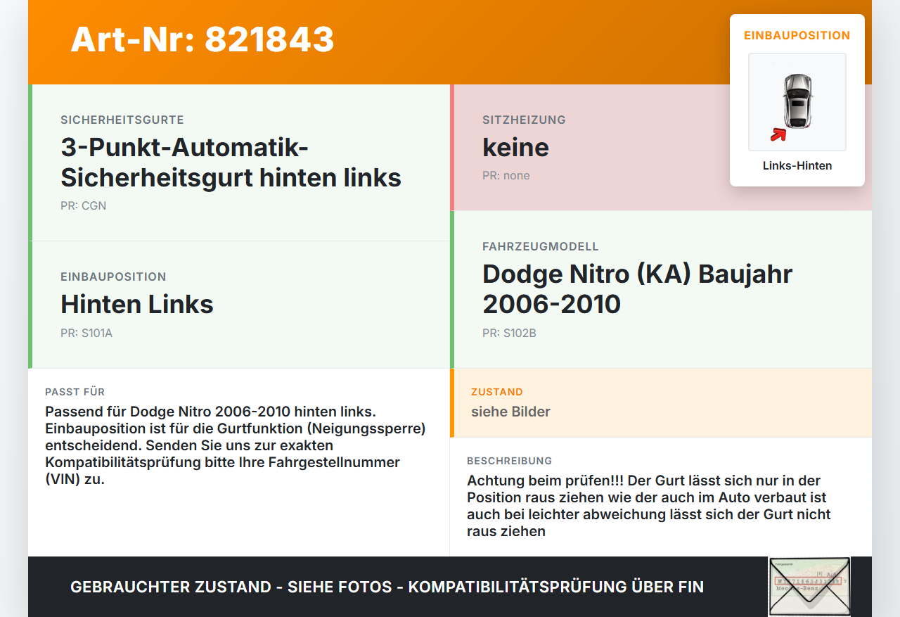 Dodge Nitro 06-10 Gurt Sicherheitsgurt Links Hinten Dodge Nitro 06-10 20.08.2008 TR42927E0166 gebraucht Vorschau 3