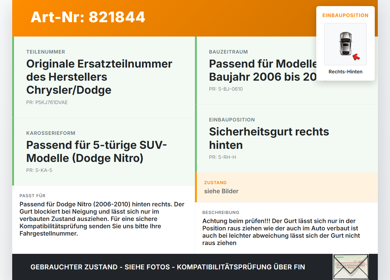 Dodge Nitro 06-10 Gurt Sicherheitsgurt Rechts Hinten Dodge Nitro 06-10 20.08.2008 P5KJ761DVAE gebraucht Vorschau 3