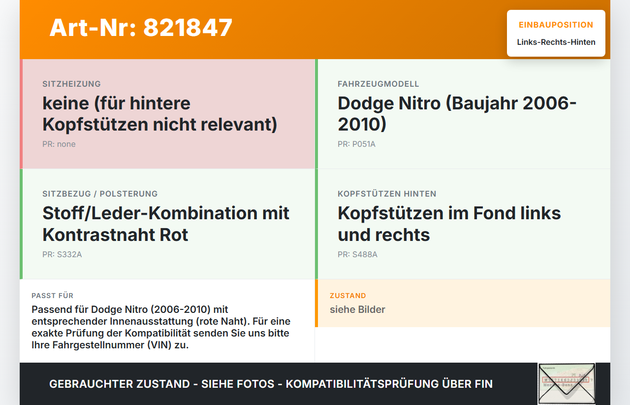 Dodge Nitro 06-10 Kopfstütze Rechts oder Links Hinten rote Naht Dodge Nitro 06-10 20.08.2008 gebraucht Vorschau 3