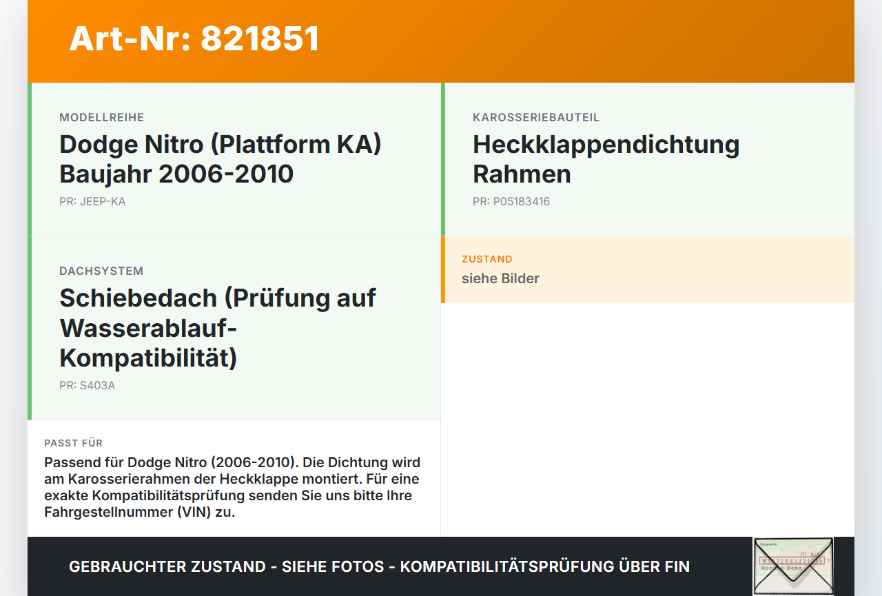 Dodge Nitro 06-10 Dichtung Rahmen für Heckklappe Kofferraum Dodge Nitro 06-10 20.08.2008 gebraucht Vorschau 3