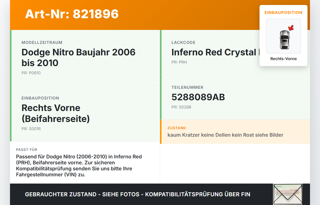 Dodge Nitro 06-10 Kotflügel Rechts Vorne PRH Dodge Nitro 06-10 20.08.2008 5288089AB gebraucht Vorschau 3