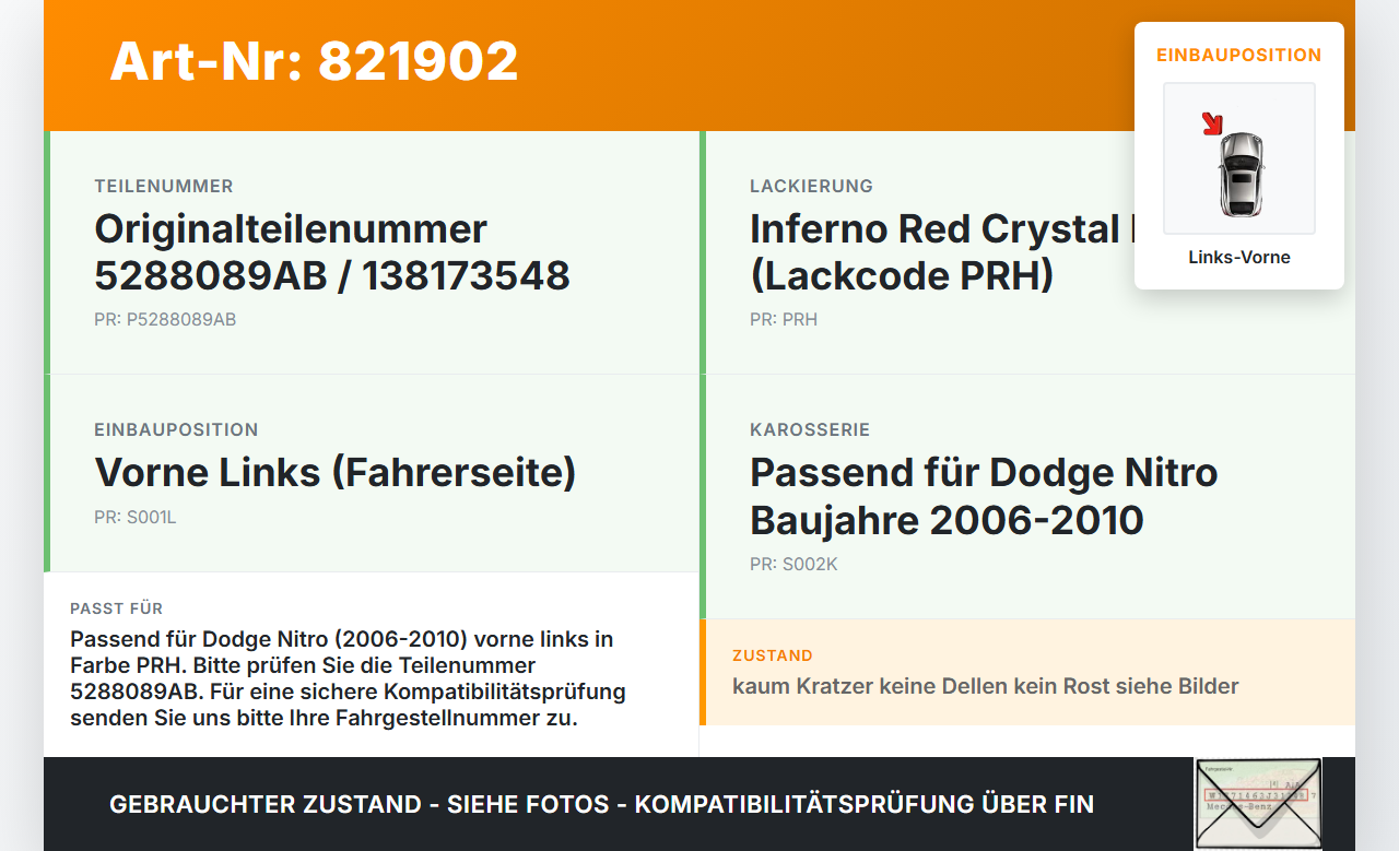 Dodge Nitro 06-10 Kotflügel Links Vorne PRH Dodge Nitro 06-10 20.08.2008 5288089AB gebraucht Vorschau 3