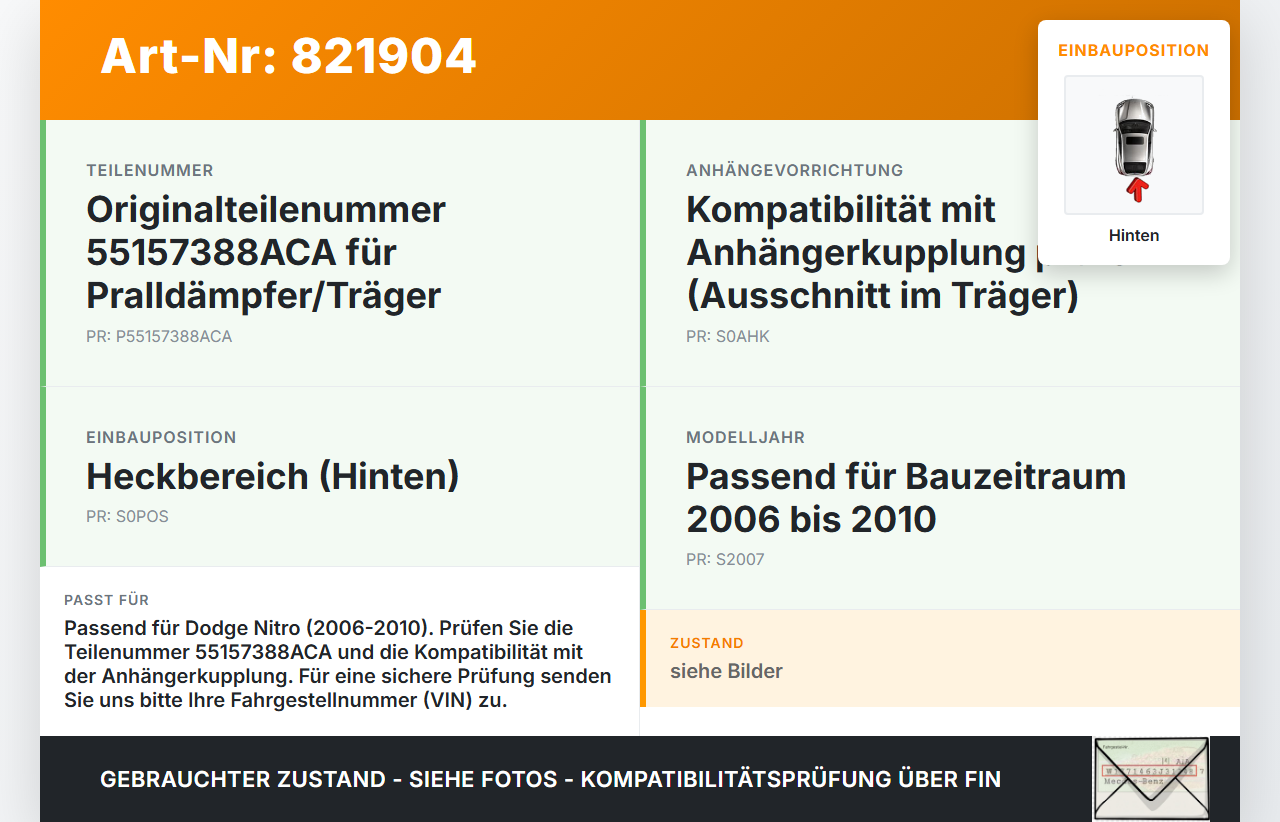Dodge Nitro 06-10 Träger Pralldämpfer für Stoßstange Hinten Dodge Nitro 06-10 20.08.2008 55157388ACA gebraucht Vorschau 3