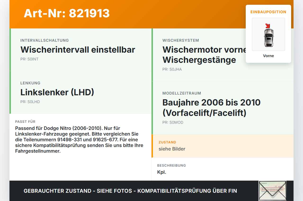 Dodge Nitro 06-10 Wischermotor m. Wischergestänge Vorne Dodge Nitro 06-10 20.08.2008 55157273AG 91498-331 91625-677... Vorschau 3