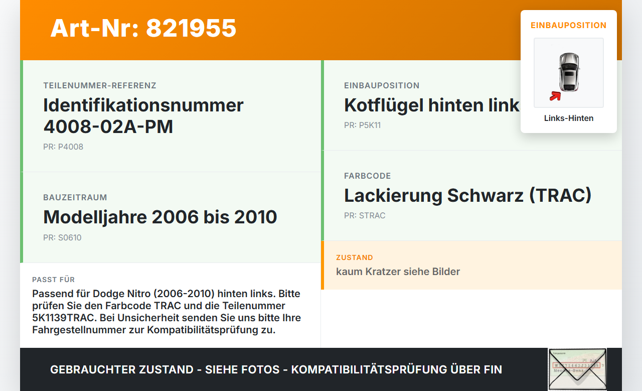 Dodge Nitro 06-10 Leiste für Kotflügel Links Hinten Dodge Nitro 06-10 20.08.2008 5K1139TRAC 4008-02A-PM gebraucht Vorschau 3
