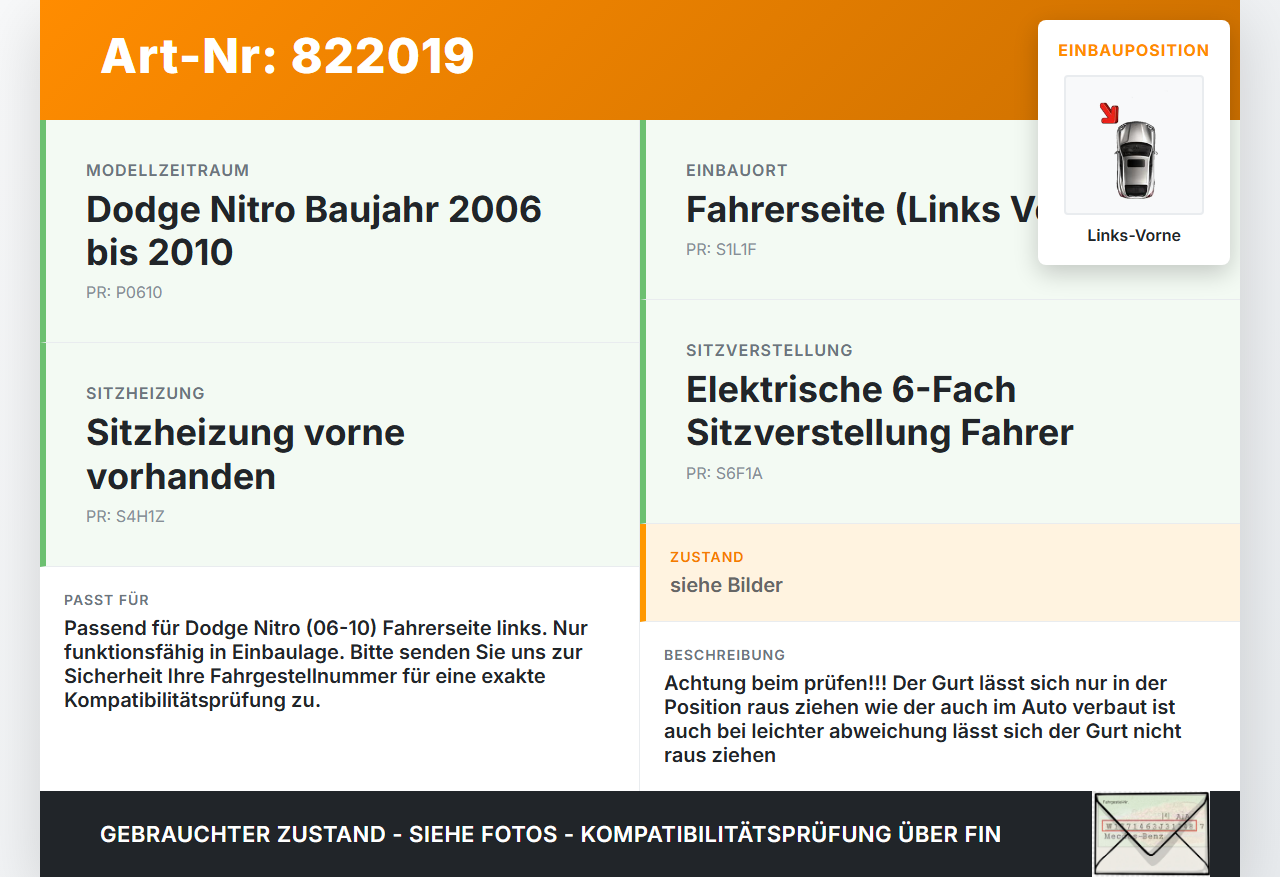 Dodge Nitro 06-10 Gurt Sicherheitsgurt m. Gurtstraffer für Fahrer Links Vorne Dodge Nitro 06-10 20.08.2008 gebraucht Vorschau 3
