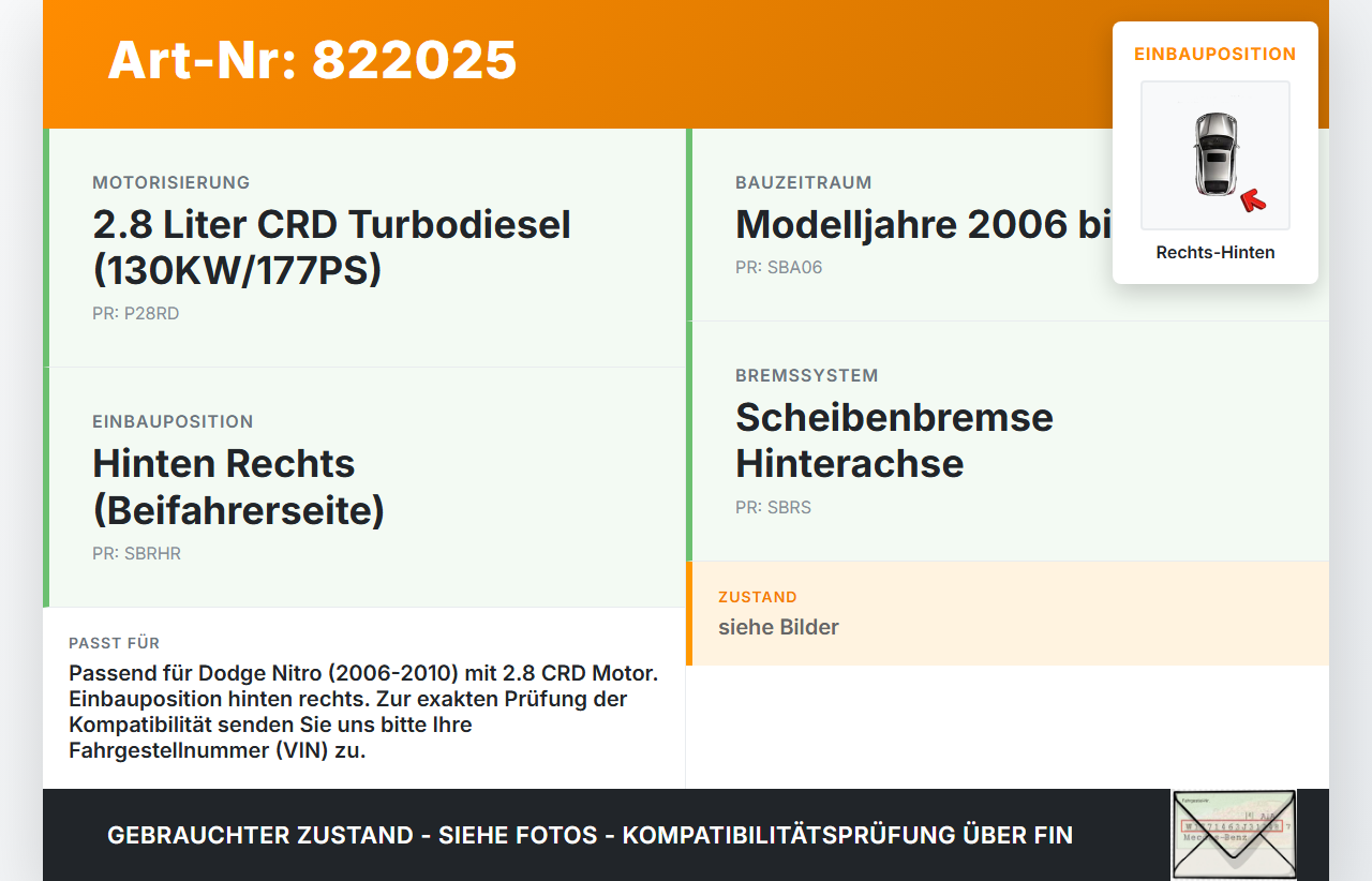 Dodge Nitro 06-10 CRD 2,8 130KW Bremssattel Bremszange Hinten Rechts Dodge Nitro 06-10 20.08.2008 gebraucht Vorschau 3