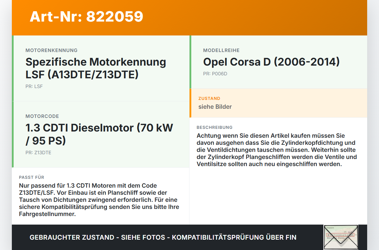 Opel Corsa D 06-10 1,3  Z13DTE LSF Zylinderkopf Opel Corsa D 06-10 26.01.2010 gebraucht Vorschau 3