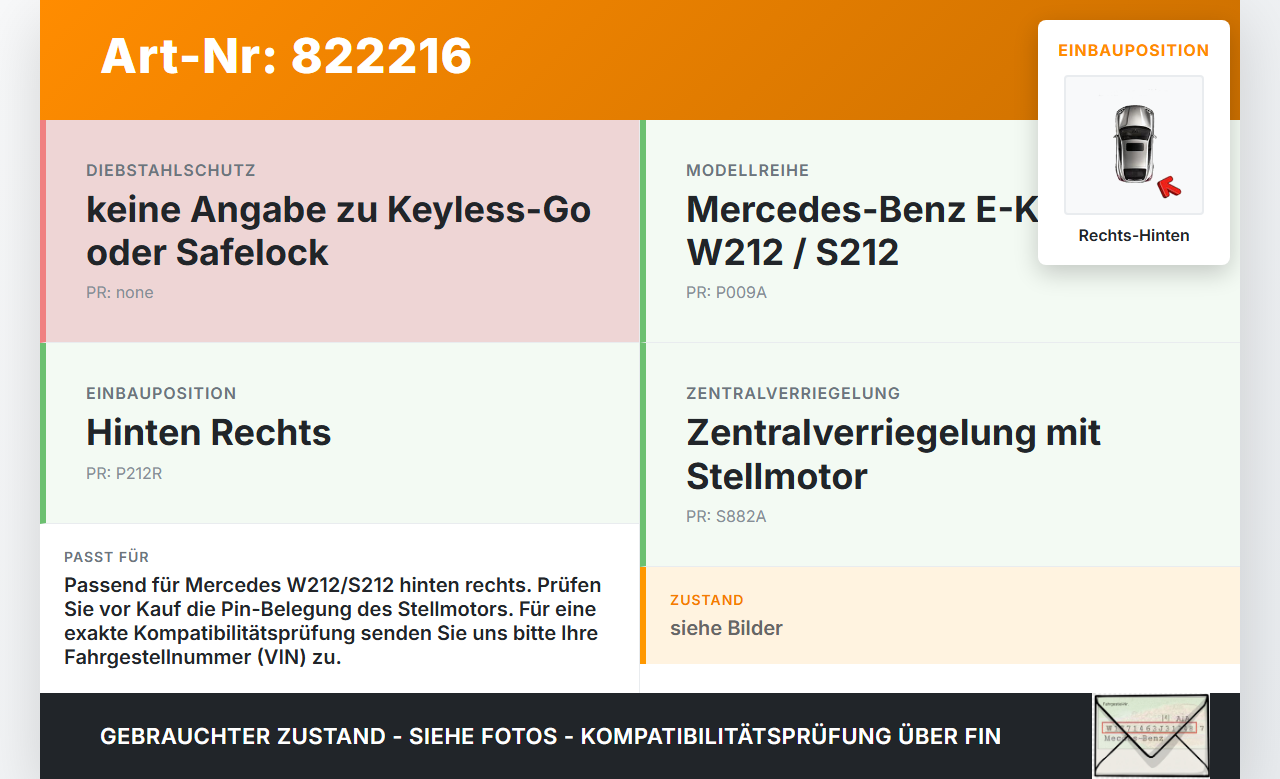 Mercedes W212 S212 E200 09-13 Kombi Türschloss m. ZV Stellmotor Rechts Hinten Mercedes W212 S212 E200 09-13... Vorschau 3