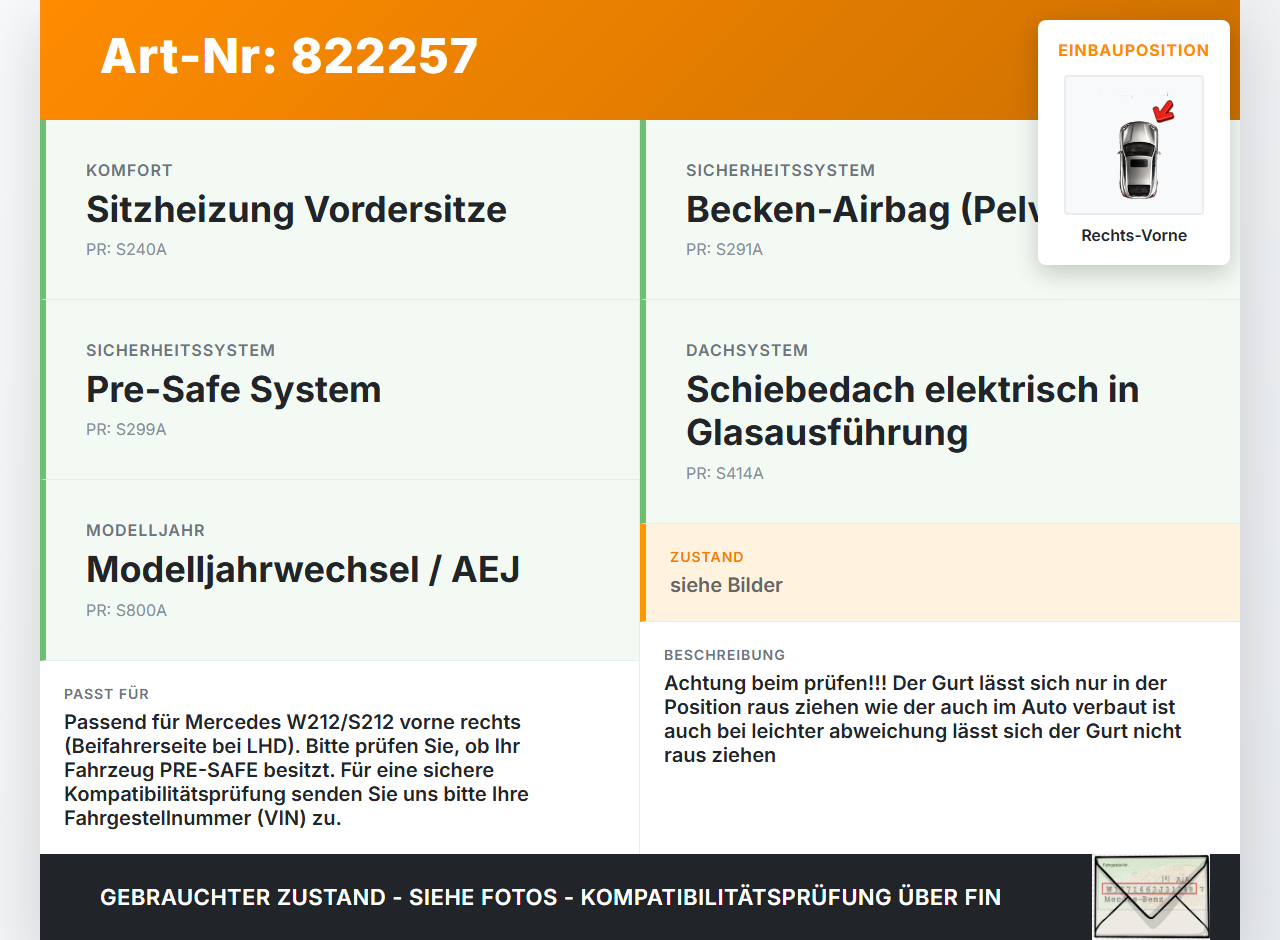 Mercedes W212 S212 E200 09-13 Kombi Gurt Sicherheitsgurt m. Gurtstraffer Fahrer Rechts Vorne Mercedes W212 S212... Vorschau 3