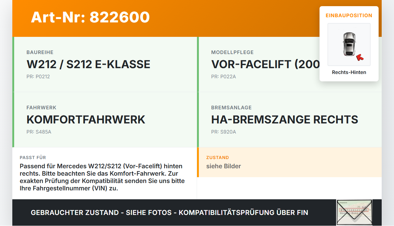 Mercedes W212 S212 E200 09-13 CDI 2,2 100KW Bremssattel Bremszange Hinten Rechts Mercedes W212 S212 E200 09-13... Vorschau 3
