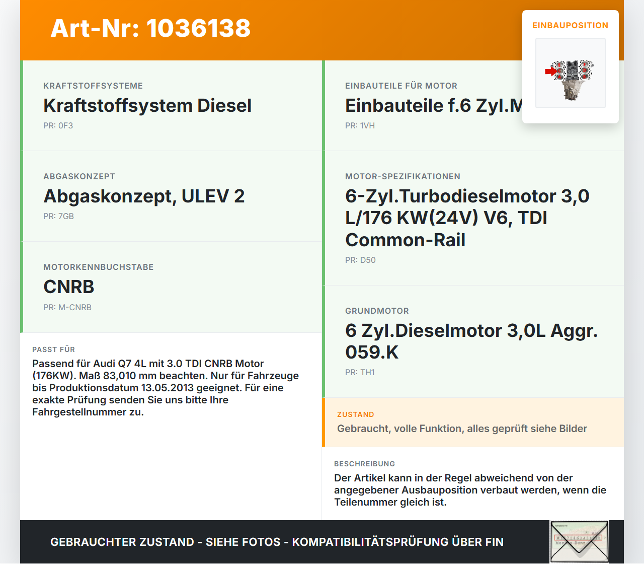 Audi Q7 4L 09-15 TDI 3,0 176KW CNRB Kolben mit Pleuel Pos C 83,010 Audi Q7 4L 09-15 22.10.2012 059107065DP gebraucht Vorschau 3