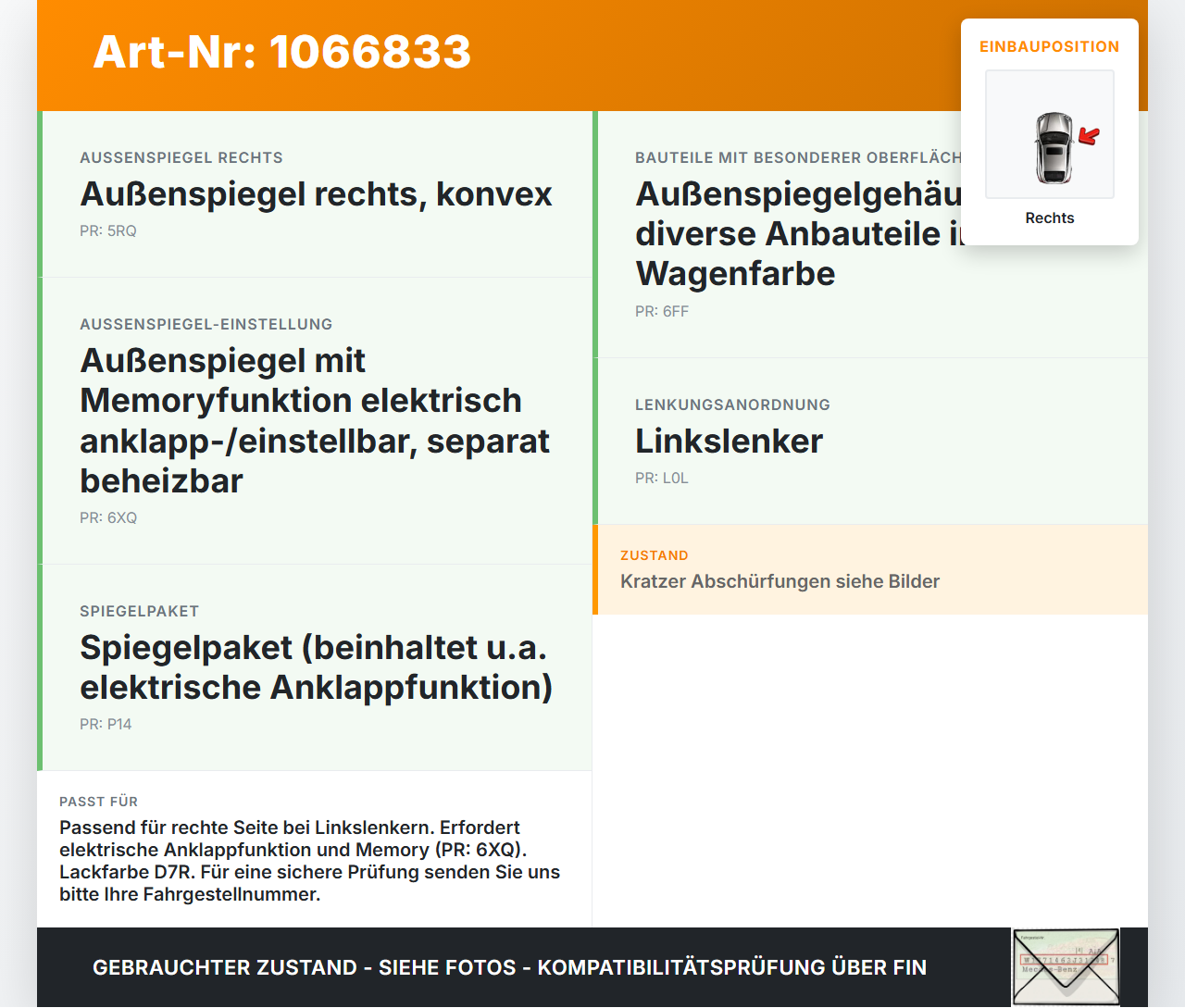 VW Touran II 5T 15-24 Spiegel Aussenspiegel Rechts LD7R VW Touran II 5T 15-24 14.12.2015 5TB857508B gebraucht Vorschau 3