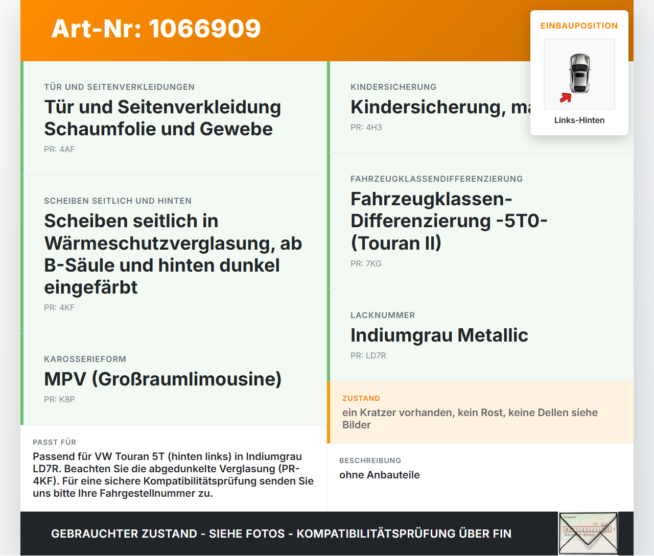 VW Touran II 5T 15-24 Tür Fondtür Seitentür Links Hinten LD7R VW Touran II 5T 15-24 14.12.2015 5TA833055AH gebraucht Vorschau 3